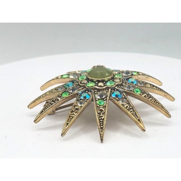 Monet Vintage Domed Starburst Brooch Uranium Glass Rhinestones Green AB Glow - Picture 4 of 5